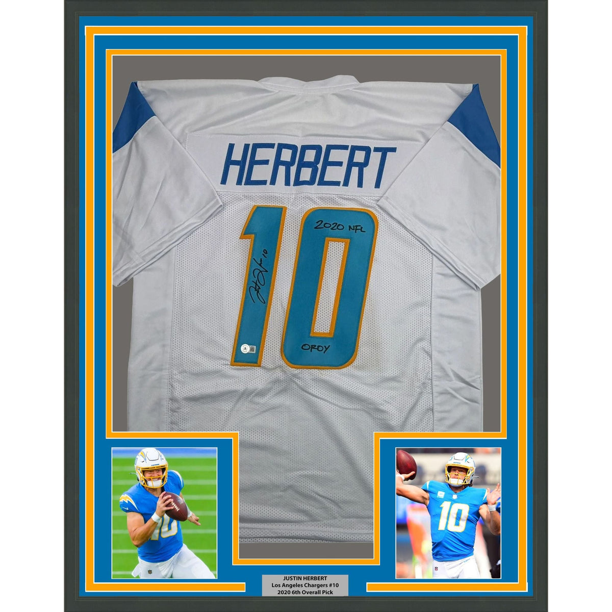 Framed Autographed/Signed Justin Herbert 2020 ROY 35x39 Los Angeles San Diego White Football Jersey Beckett BAS COA