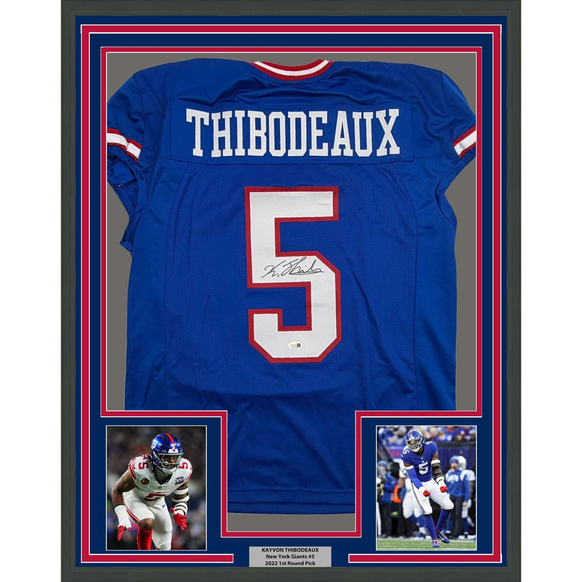 Framed Autographed/Signed Kayvon Thibodeaux 35x39 New York Blue Retro Pro Cut Football Jersey Beckett BAS COA