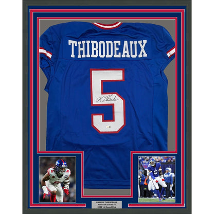 Framed Autographed/Signed Kayvon Thibodeaux 35x39 New York Blue Retro Pro Cut Football Jersey Beckett BAS COA