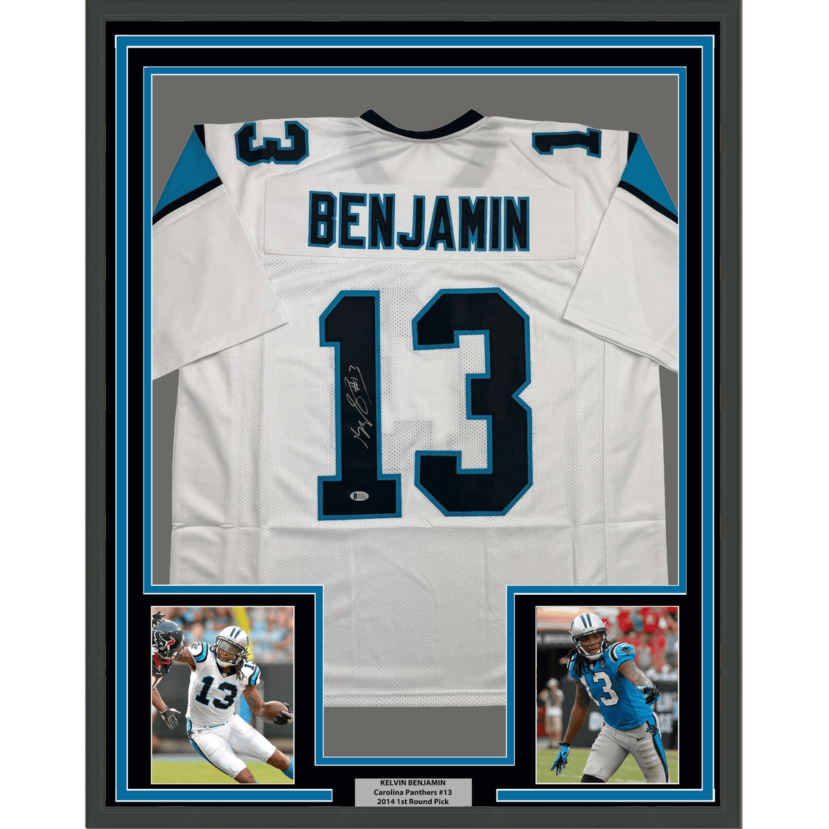 Framed Autographed/Signed Kelvin Benjamin 35x39 Carolina White Football Jersey Beckett BAS COA