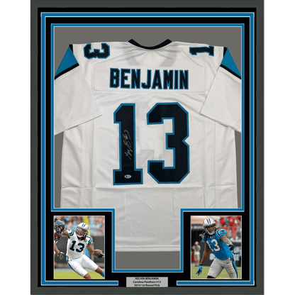 Framed Autographed/Signed Kelvin Benjamin 35x39 Carolina White Football Jersey Beckett BAS COA
