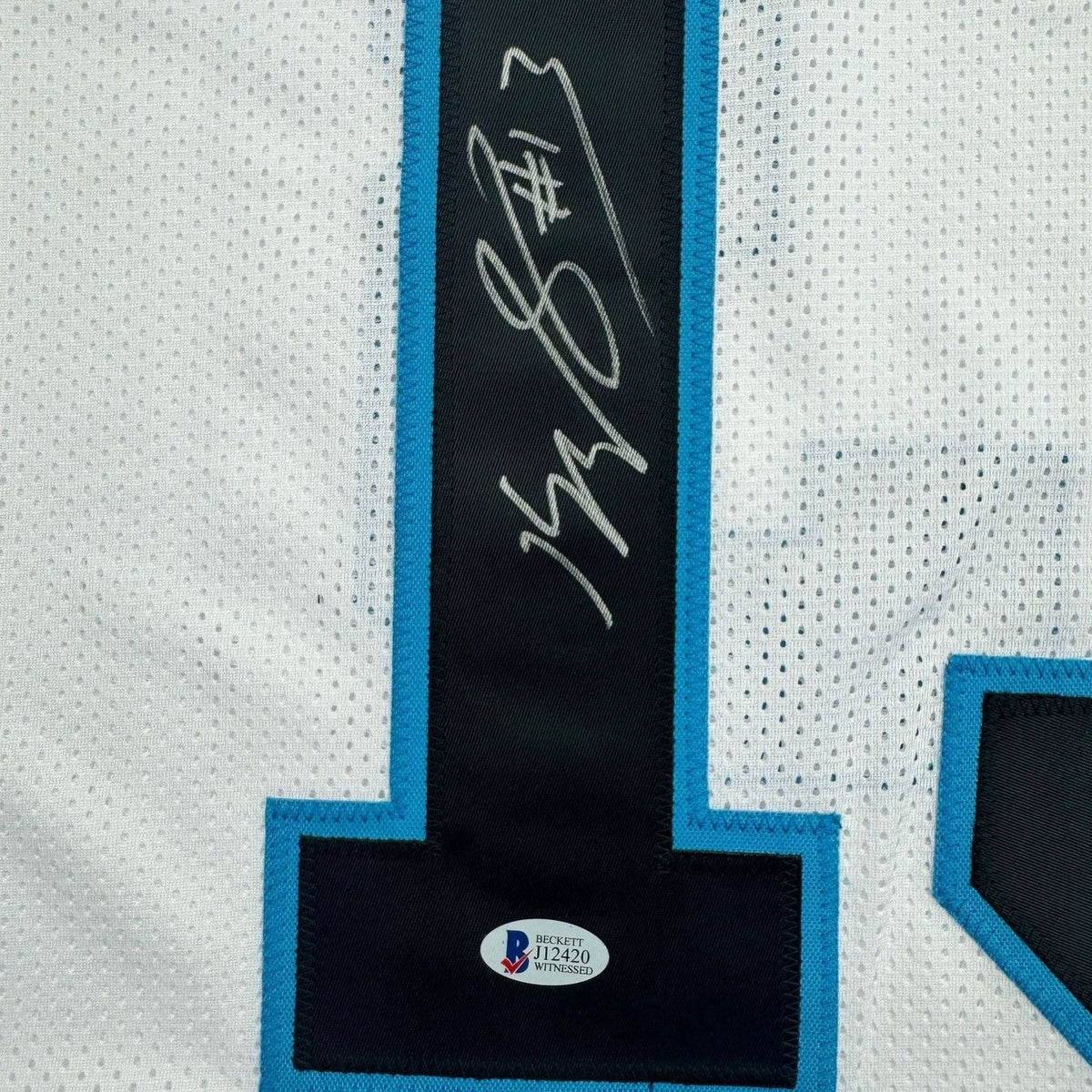 Framed Autographed/Signed Kelvin Benjamin 35x39 Carolina White Football Jersey Beckett BAS COA