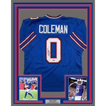 Framed Autographed/Signed Keon Coleman 35x39 Buffalo Blue Football Jersey Beckett BAS COA