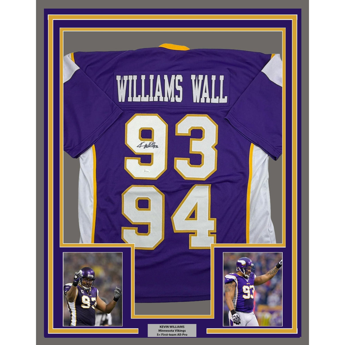 Framed Autographed/Signed Kevin Williams Wall 35x39 Minnesota Purple Football Jersey JSA COA