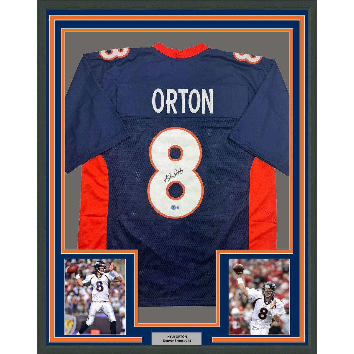Framed Autographed/Signed Kyle Orton 35x39 Denver Blue Football Jersey Beckett BAS COA