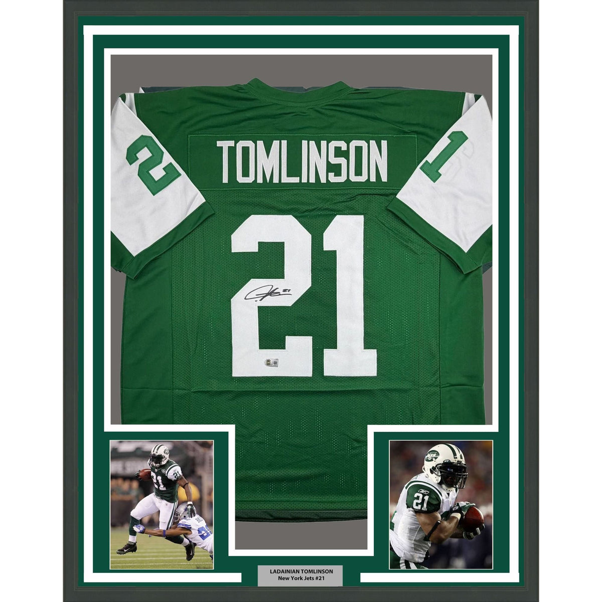 Framed Autographed/Signed LaDainian Tomlinson 35x39 New York Green Football Jersey Beckett BAS COA