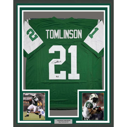 Framed Autographed/Signed LaDainian Tomlinson 35x39 New York Green Football Jersey Beckett BAS COA