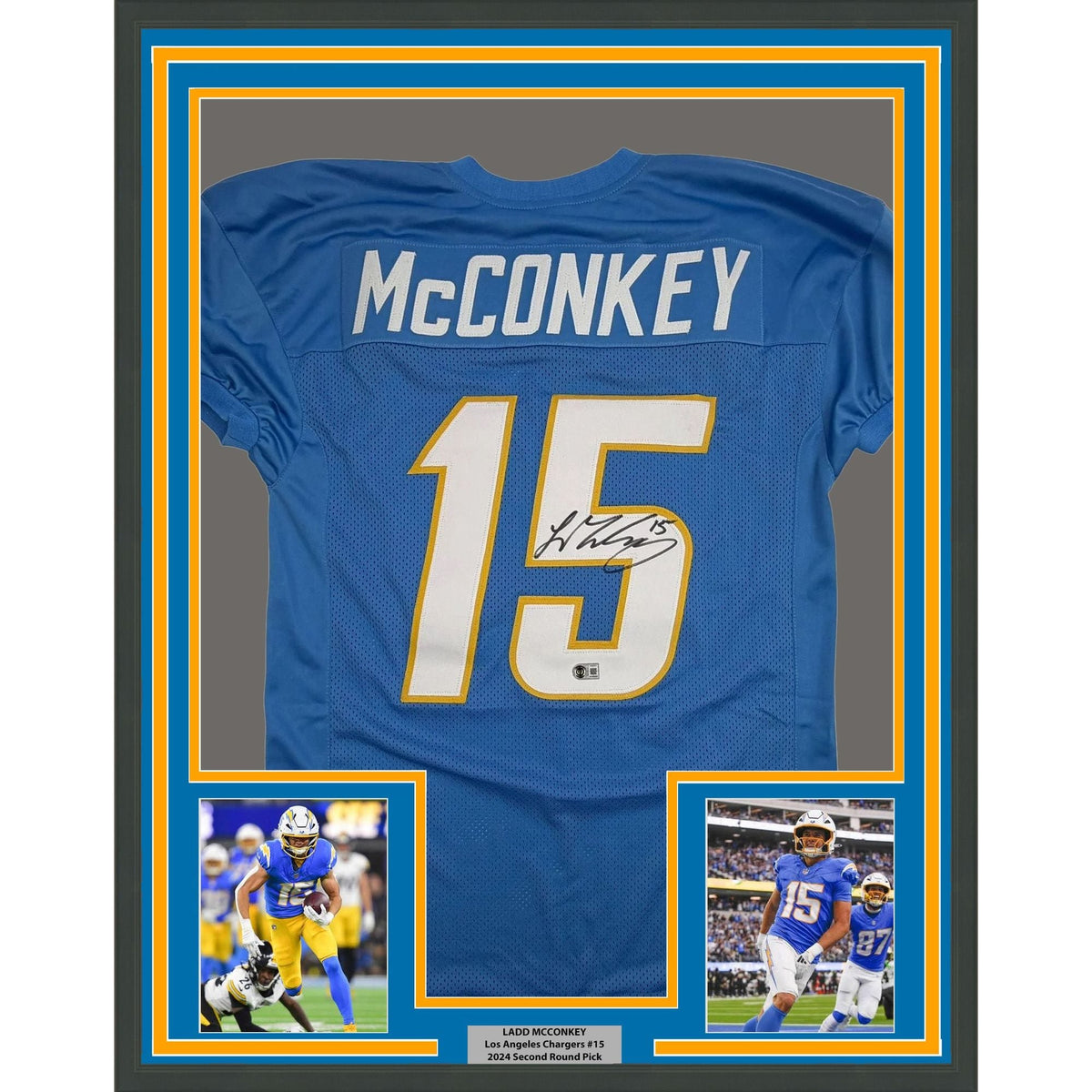 Framed Autographed/Signed Ladd McConkey 35x39 Los Angeles San Diego Powder Blue Football Jersey Beckett BAS COA