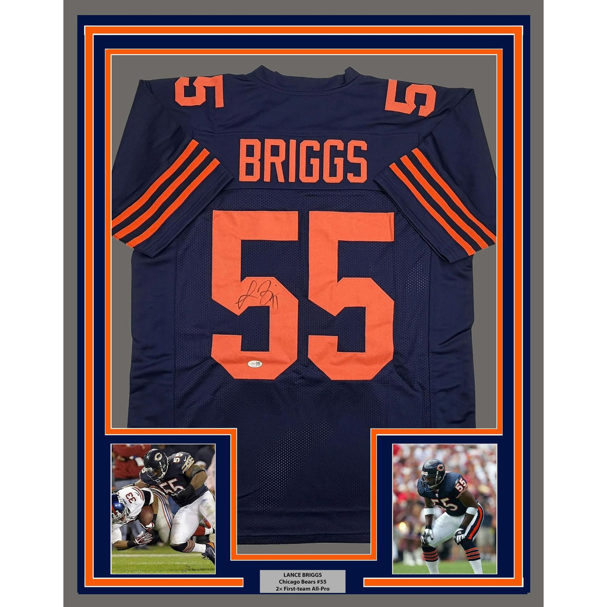 Framed Autographed/Signed Lance Briggs 35x39 Chicago Blue Color Rush Football Jersey JSA COA