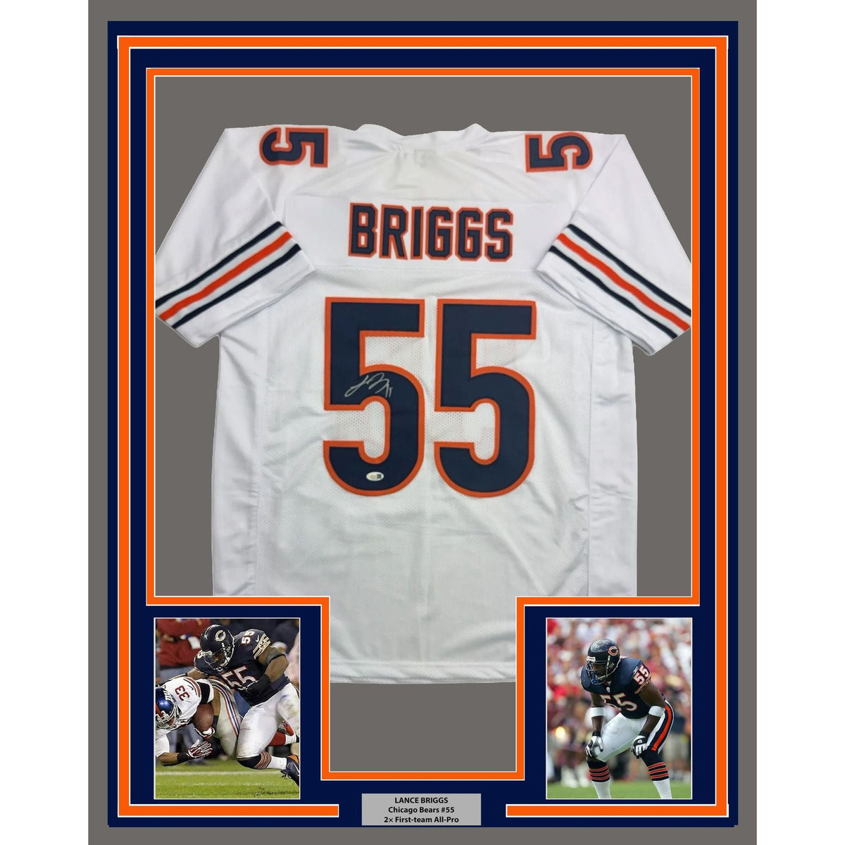 Framed Autographed/Signed Lance Briggs 35x39 Chicago White Football Jersey JSA COA