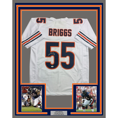 Framed Autographed/Signed Lance Briggs 35x39 Chicago White Football Jersey JSA COA