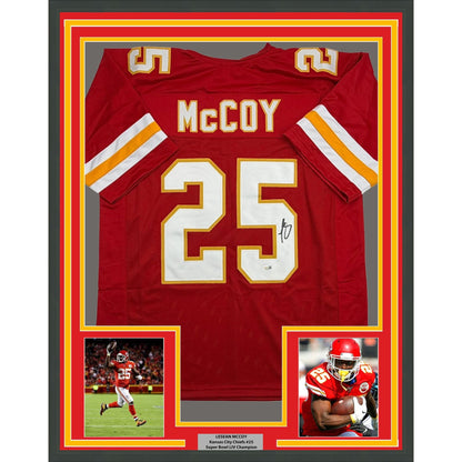 Framed Autographed/Signed LeSean McCoy 35x39 Kansas City Red Football Jersey JSA COA