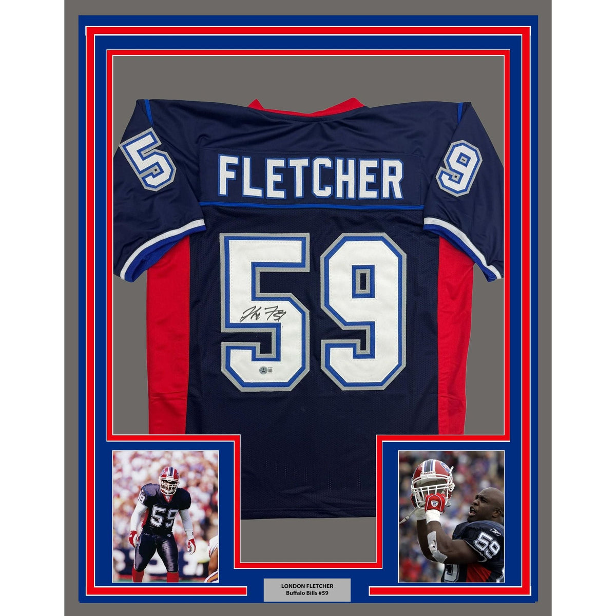 Framed Autographed/Signed London Fletcher 35x39 Buffalo Blue Football Jersey Beckett BAS COA
