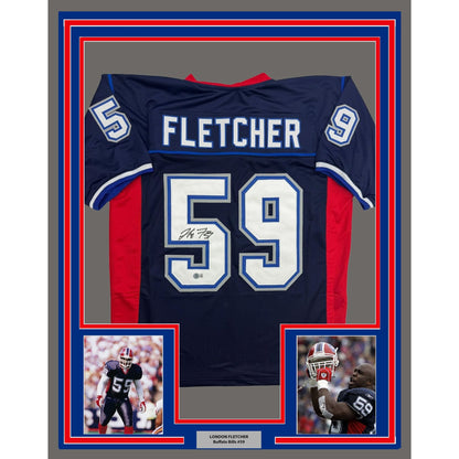 Framed Autographed/Signed London Fletcher 35x39 Buffalo Blue Football Jersey Beckett BAS COA