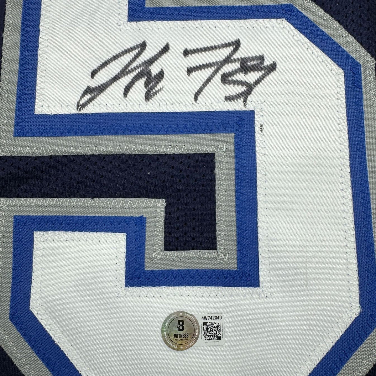 Framed Autographed/Signed London Fletcher 35x39 Buffalo Blue Football Jersey Beckett BAS COA