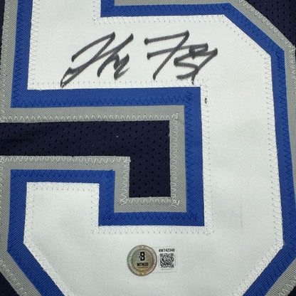 Framed Autographed/Signed London Fletcher 35x39 Buffalo Blue Football Jersey Beckett BAS COA