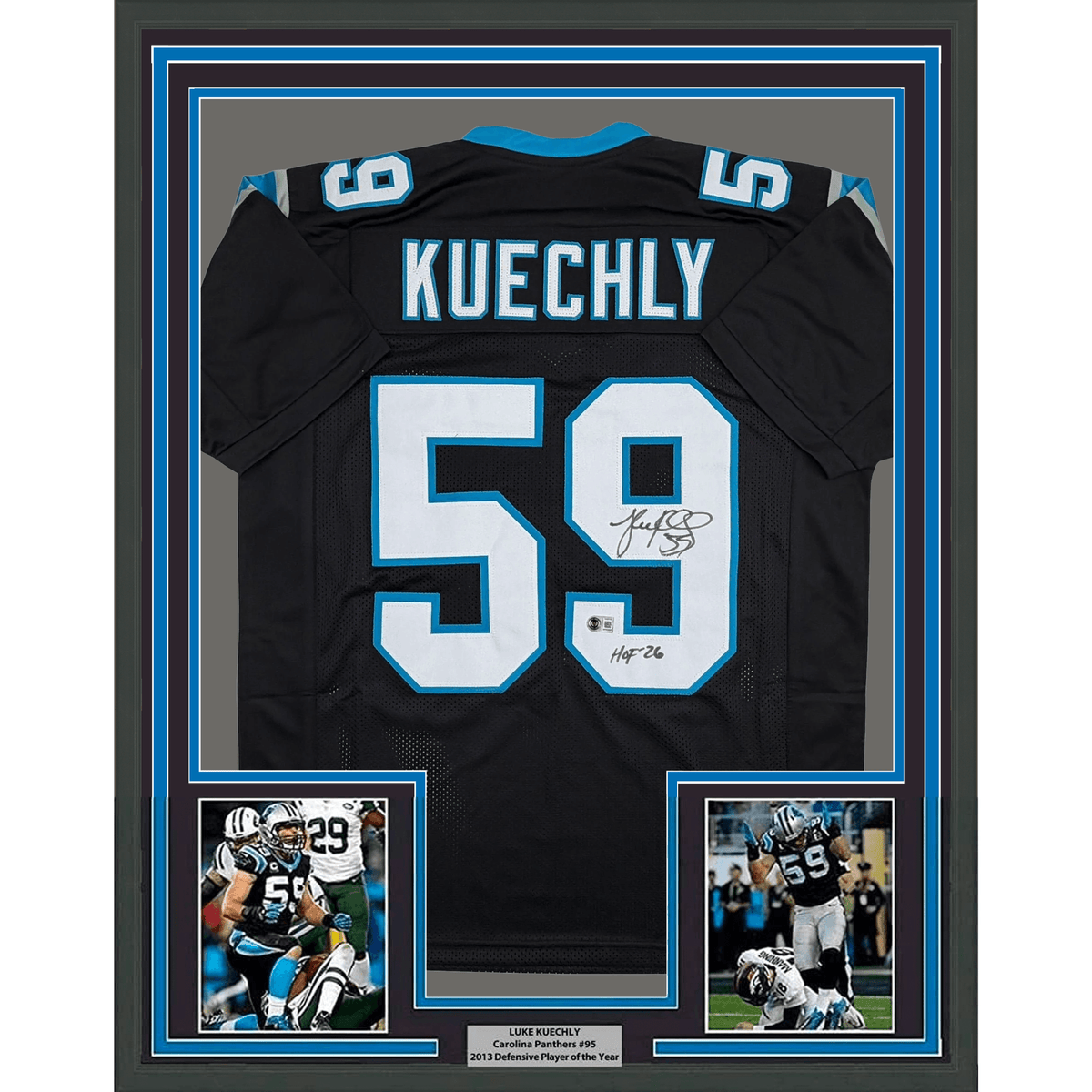 Framed Autographed/Signed Luke Kuechly HOF 26 35x39 Carolina Black Football Jersey Beckett BAS COA