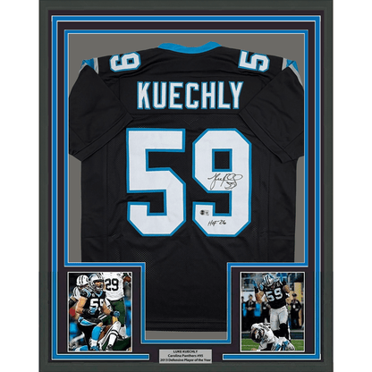Framed Autographed/Signed Luke Kuechly HOF 26 35x39 Carolina Black Football Jersey Beckett BAS COA