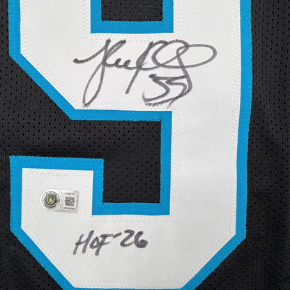 Framed Autographed/Signed Luke Kuechly HOF 26 35x39 Carolina Black Football Jersey Beckett BAS COA