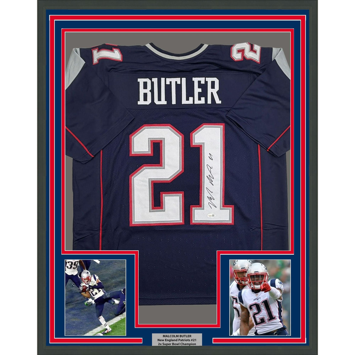 Framed Autographed/Signed Malcolm Butler 35x39 New England Blue Football Jersey JSA COA