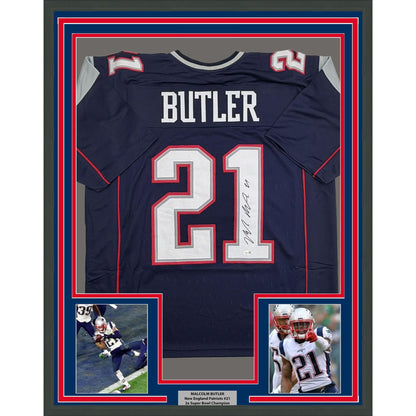 Framed Autographed/Signed Malcolm Butler 35x39 New England Blue Football Jersey JSA COA