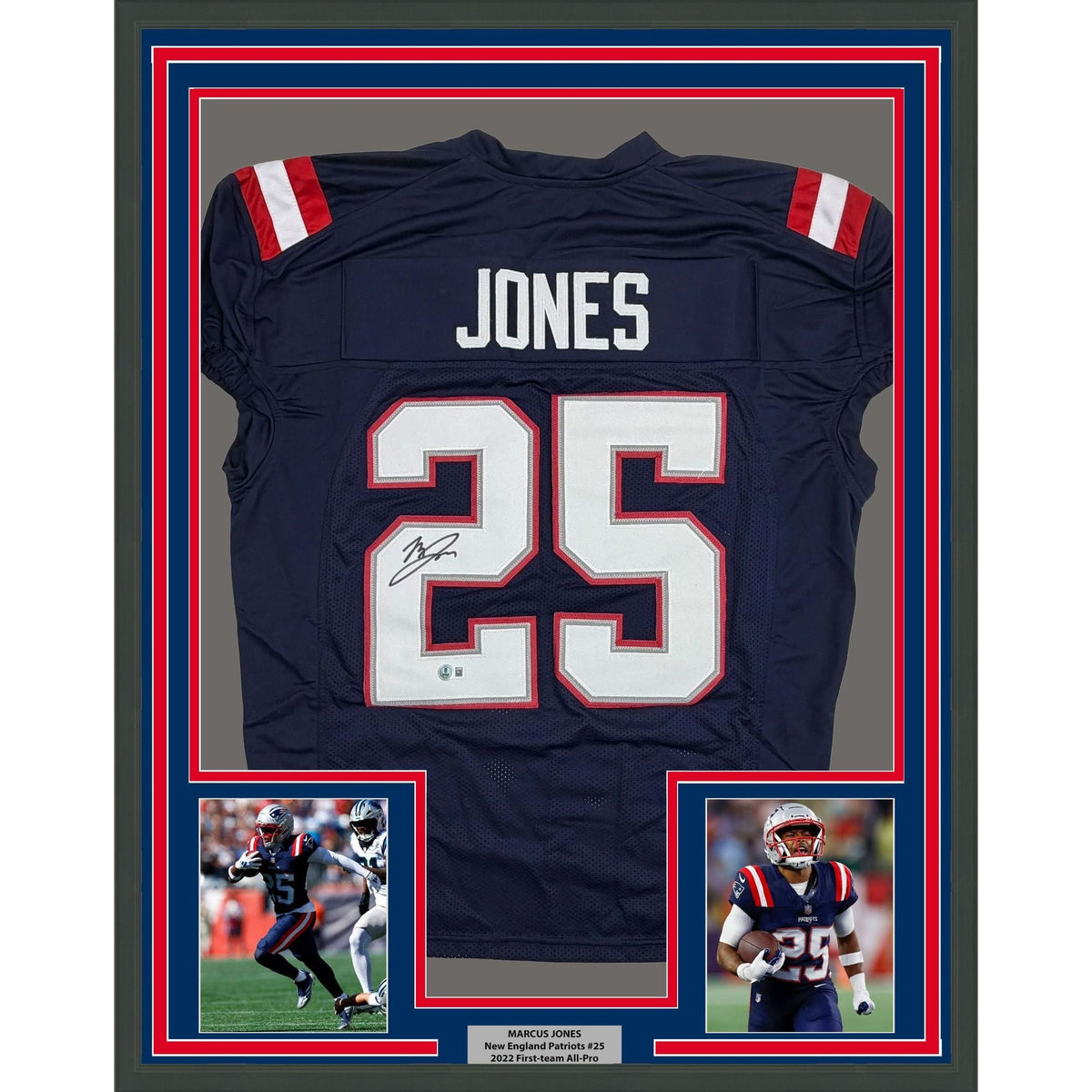 Framed Autographed/Signed Marcus Jones 35x39 New England Blue Pro Cut Football Jersey Beckett BAS COA