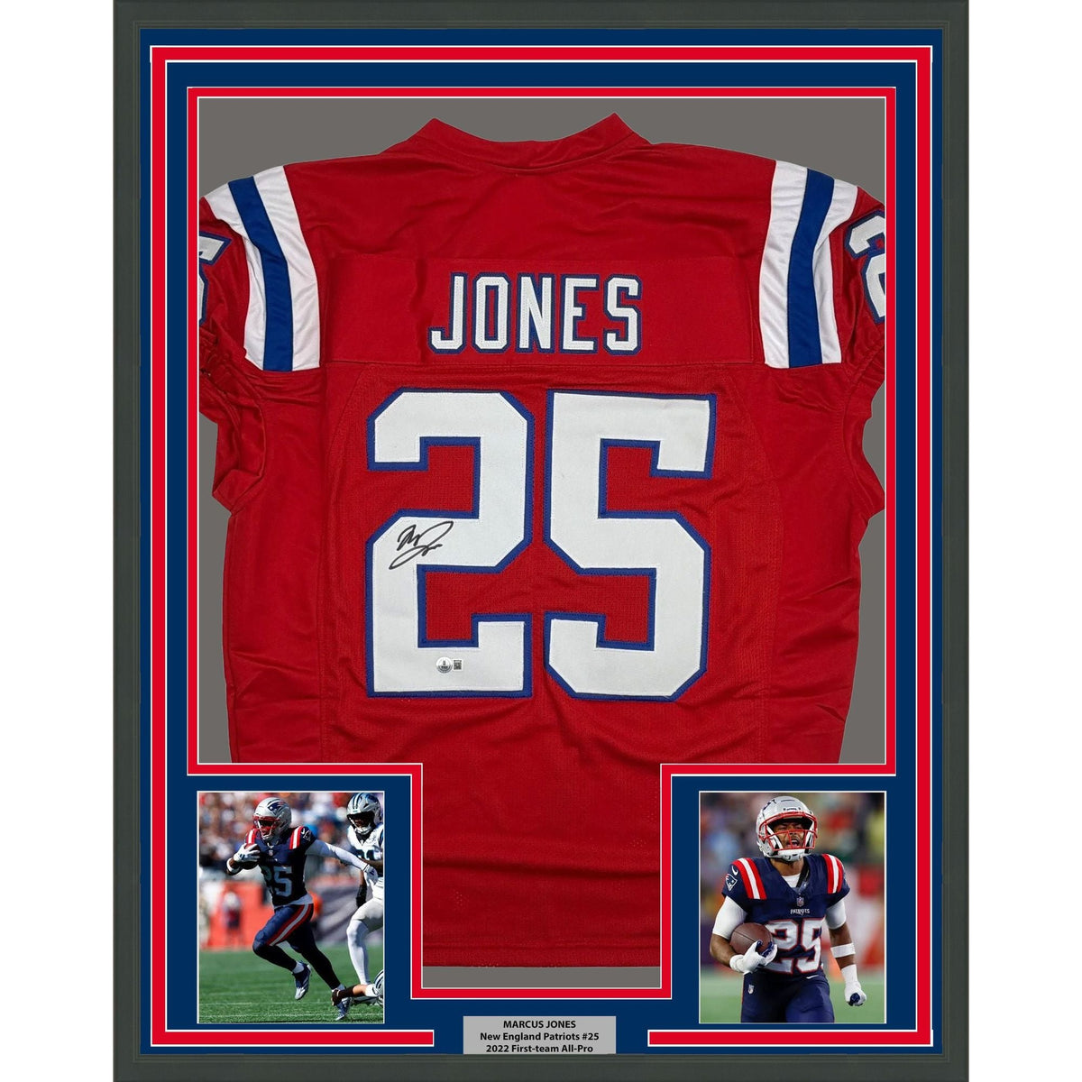 Framed Autographed/Signed Marcus Jones 35x39 New England Red Pro Cut Football Jersey Beckett BAS COA