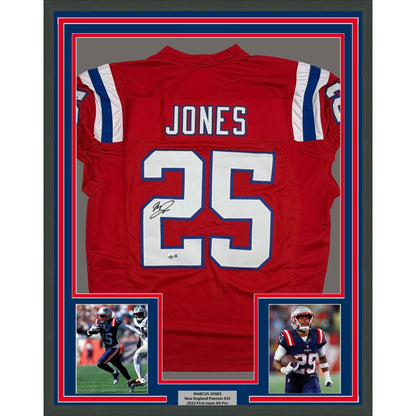 Framed Autographed/Signed Marcus Jones 35x39 New England Red Pro Cut Football Jersey Beckett BAS COA