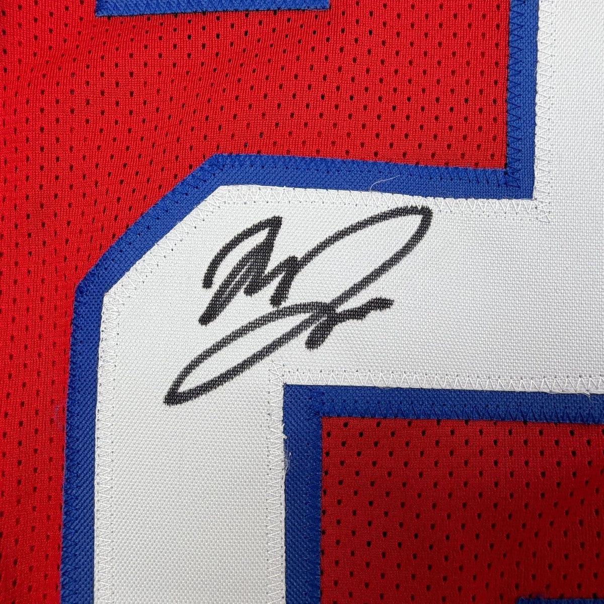 Framed Autographed/Signed Marcus Jones 35x39 New England Red Pro Cut Football Jersey Beckett BAS COA