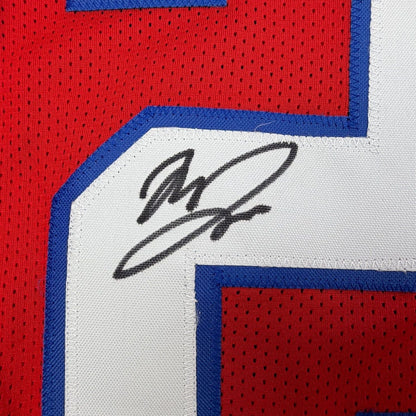 Framed Autographed/Signed Marcus Jones 35x39 New England Red Pro Cut Football Jersey Beckett BAS COA