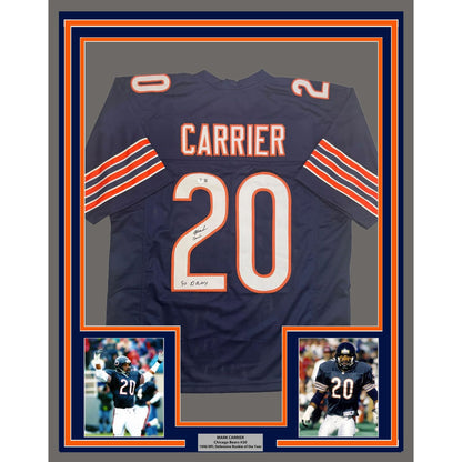 Framed Autographed/Signed Mark Carrier 90 DROY 35x39 Chicago Blue Football Jersey JSA COA