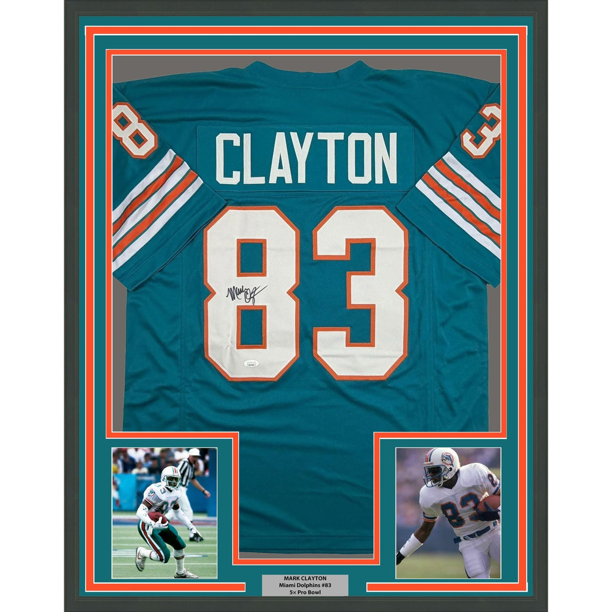 Framed Autographed/Signed Mark Clayton 35x39 Miami Teal Football Jersey JSA COA