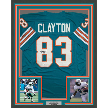 Framed Autographed/Signed Mark Clayton 35x39 Miami Teal Football Jersey JSA COA