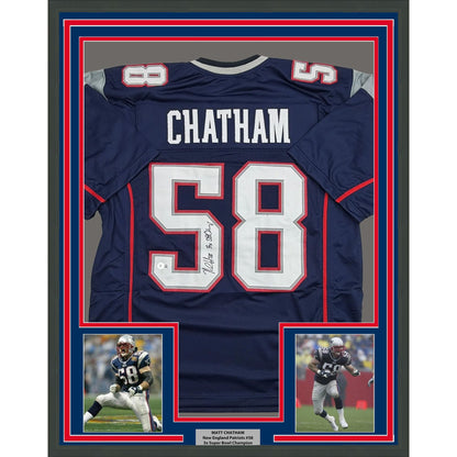 Framed Autographed/Signed Matt Chatham 3x SB Champ 35x39 New England Blue Football Jersey Beckett BAS COA