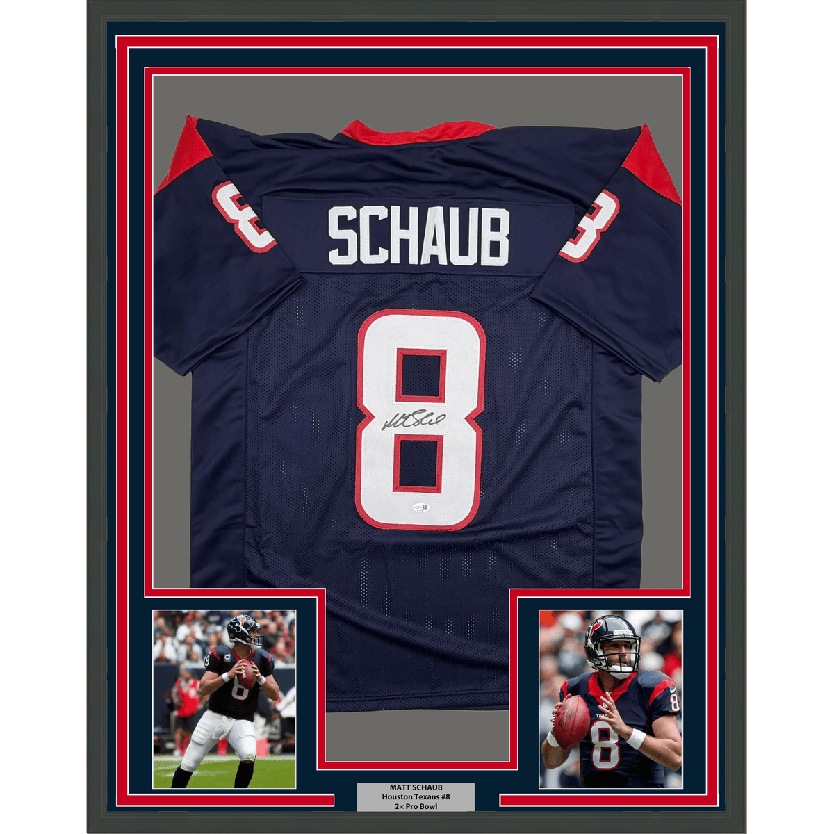 Framed Autographed/Signed Matt Schaub 35x39 Houston Navy Blue Football Jersey JSA COA