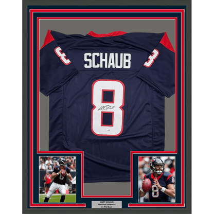Framed Autographed/Signed Matt Schaub 35x39 Houston Navy Blue Football Jersey JSA COA