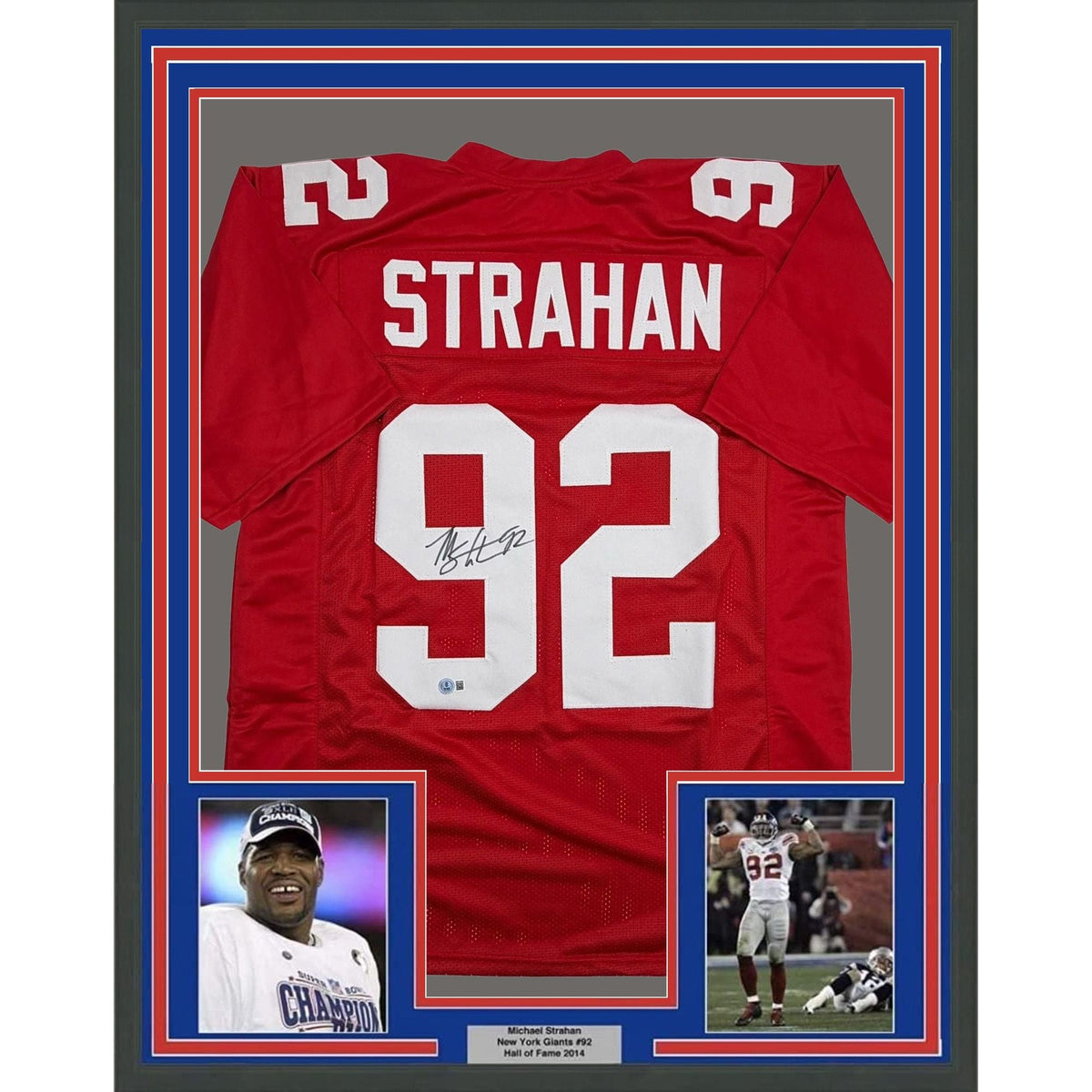 Framed Autographed/Signed Michael Strahan 35x39 New York Red Football Jersey Beckett BAS COA
