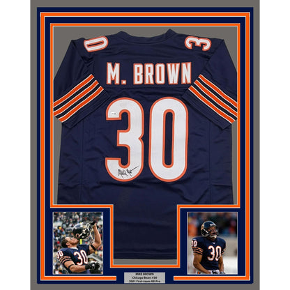 Framed Autographed/Signed Mike Brown 35x39 Chicago Blue Football Jersey JSA COA