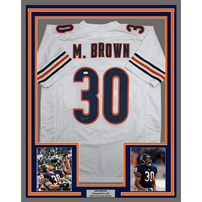Framed Autographed/Signed Mike Brown 35x39 Chicago White Football Jersey JSA COA