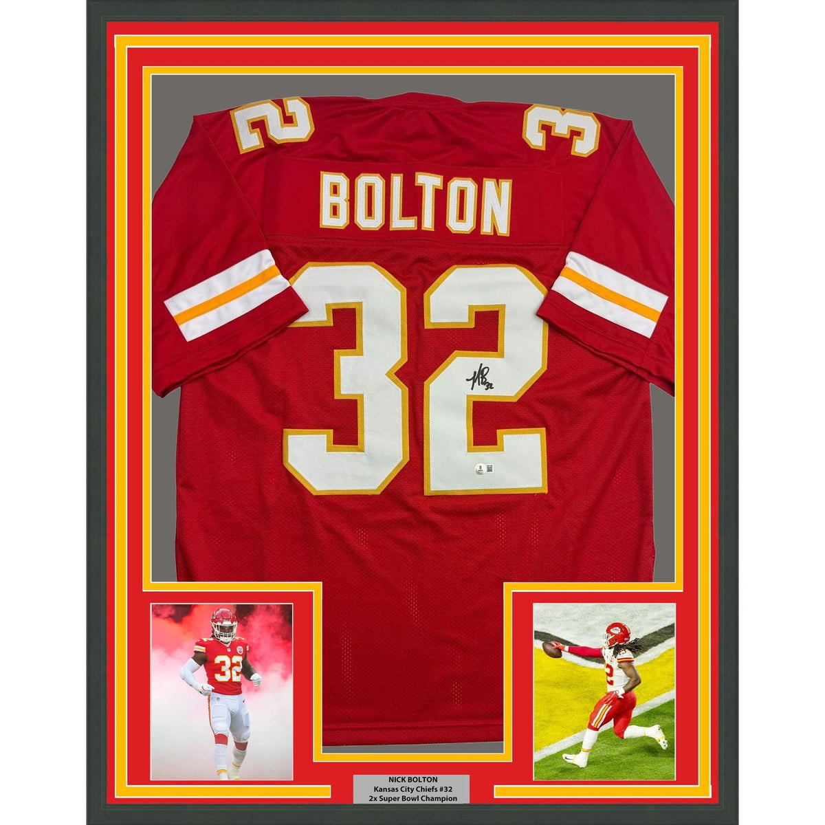 Framed Autographed/Signed Nick Bolton 35x39 Kansas City Red Football Jersey Beckett BAS COA