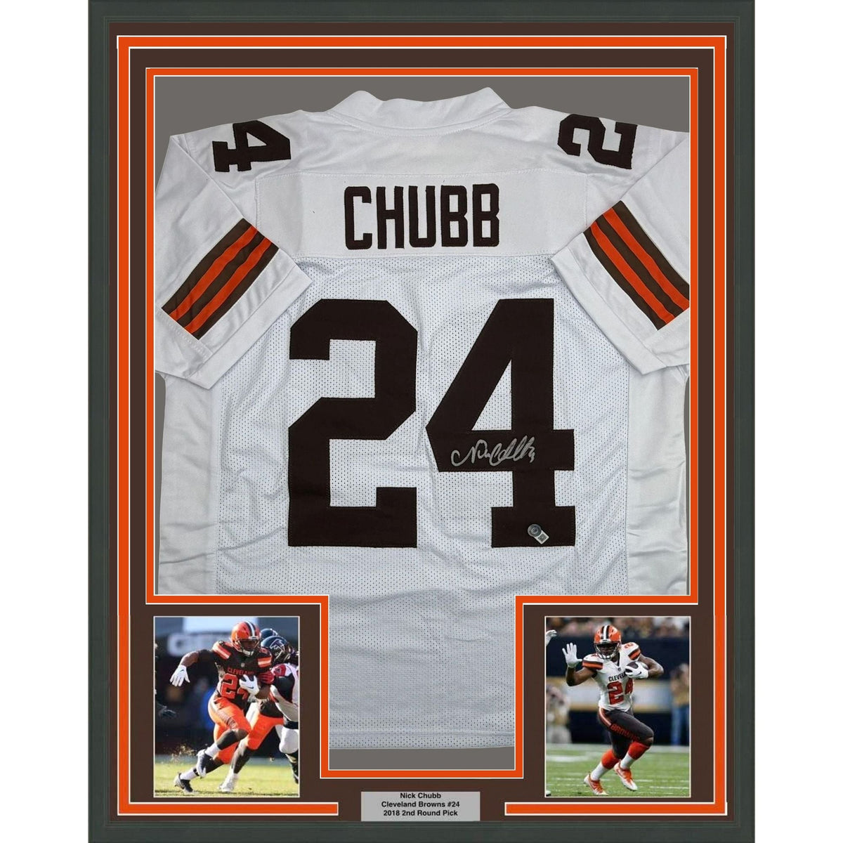 Framed Autographed/Signed Nick Chubb 35x39 Cleveland White Football Jersey Beckett BAS COA