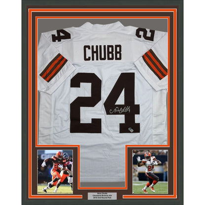 Framed Autographed/Signed Nick Chubb 35x39 Cleveland White Football Jersey Beckett BAS COA