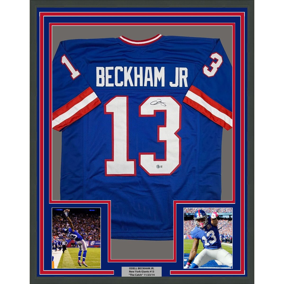 Framed Autographed/Signed Odell Beckham Jr OBJ 35x39 New York Retro Blue Football Jersey Beckett BAS COA