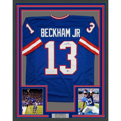 Framed Autographed/Signed Odell Beckham Jr OBJ 35x39 New York Retro Blue Football Jersey Beckett BAS COA