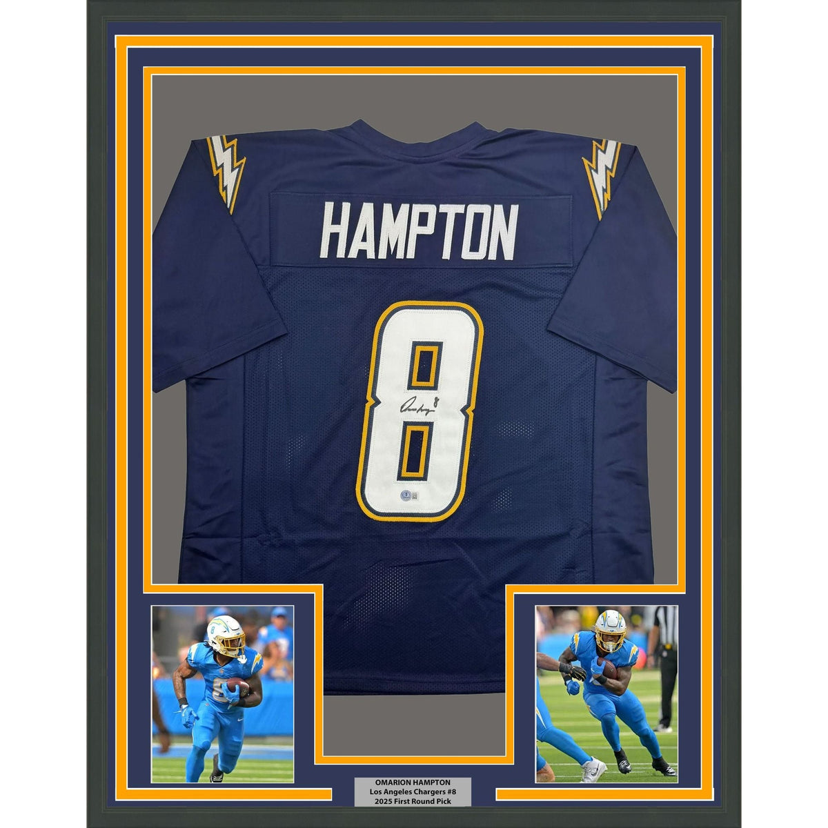 Framed Autographed/Signed Omarion Hampton 35x39 Los Angeles San Diego Dark Blue Football Jersey Beckett BAS COA