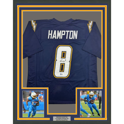 Framed Autographed/Signed Omarion Hampton 35x39 Los Angeles San Diego Dark Blue Football Jersey Beckett BAS COA
