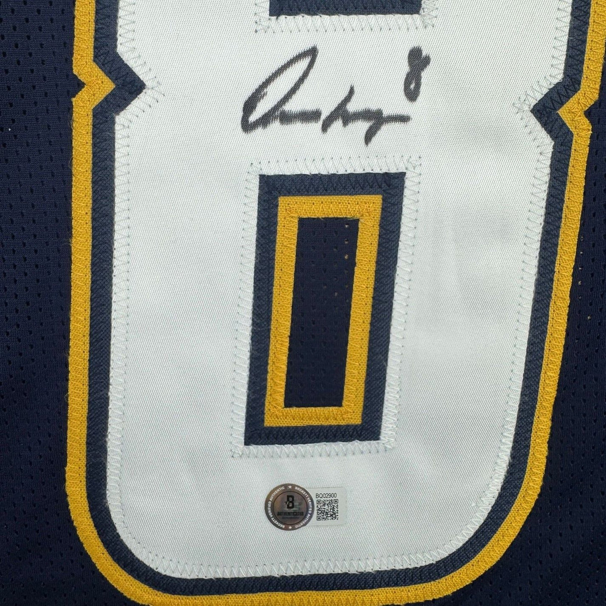Framed Autographed/Signed Omarion Hampton 35x39 Los Angeles San Diego Dark Blue Football Jersey Beckett BAS COA