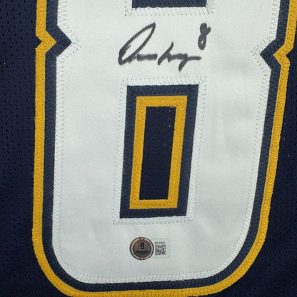 Framed Autographed/Signed Omarion Hampton 35x39 Los Angeles San Diego Dark Blue Football Jersey Beckett BAS COA