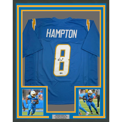 Framed Autographed/Signed Omarion Hampton 35x39 Los Angeles San Diego Powder Blue Football Jersey Beckett BAS COA