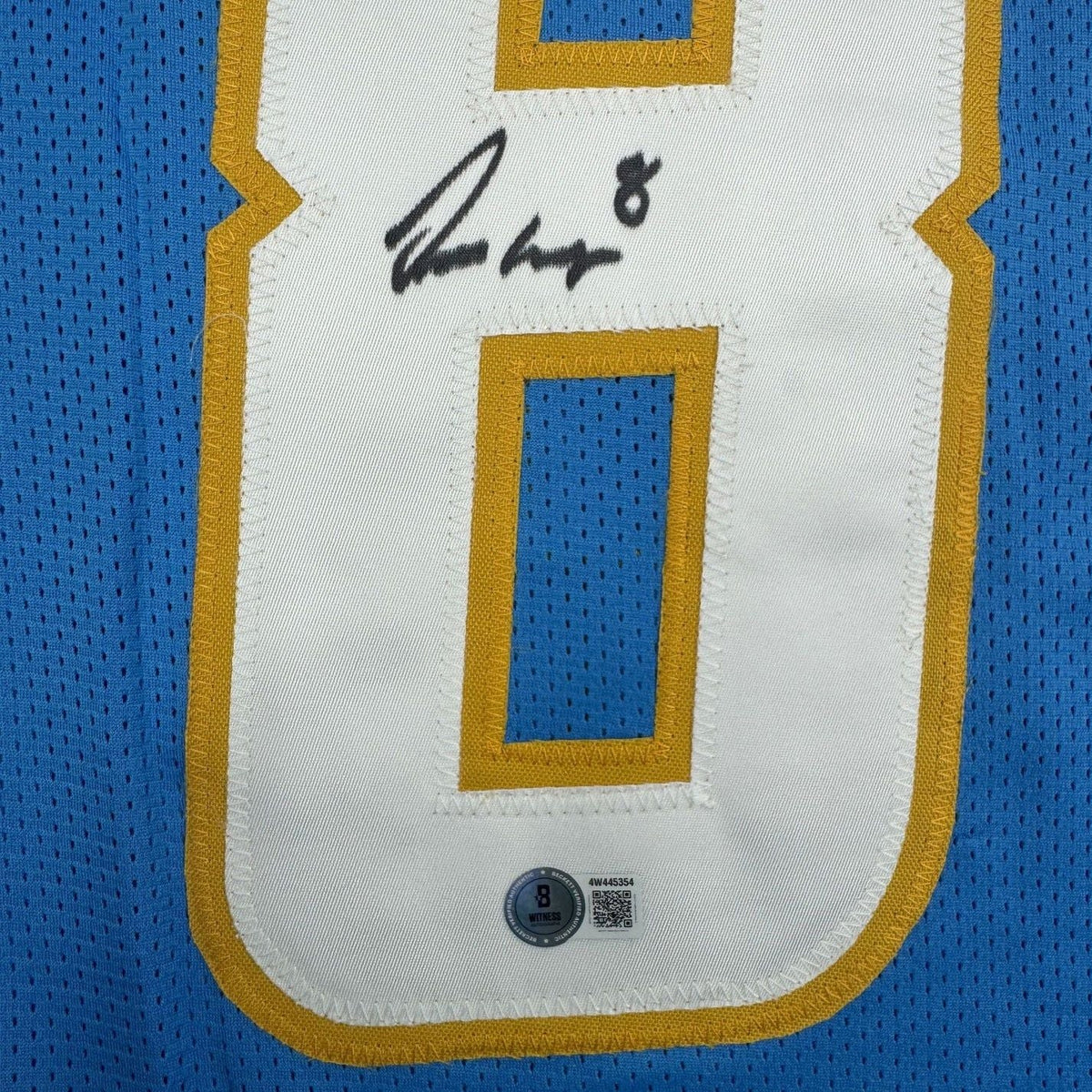 Framed Autographed/Signed Omarion Hampton 35x39 Los Angeles San Diego Powder Blue Football Jersey Beckett BAS COA
